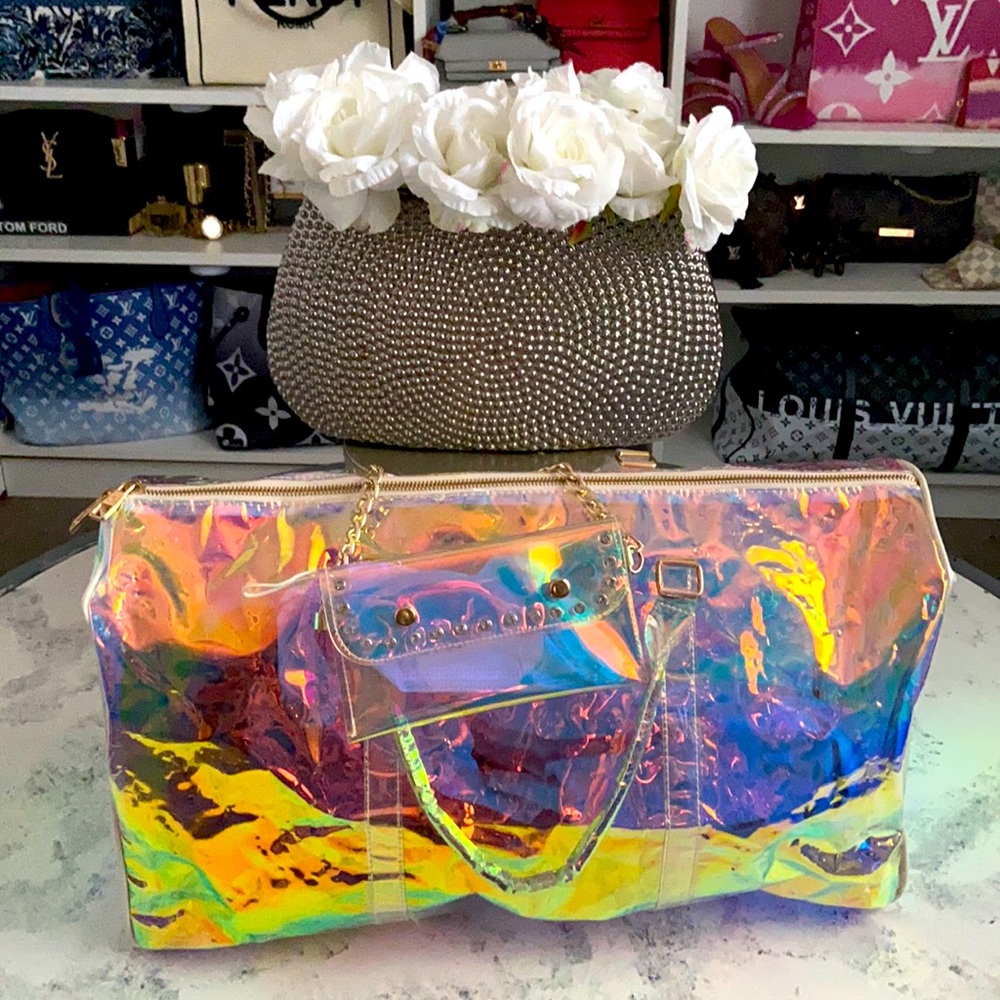 XL duffel translucent multi color travel display bag.